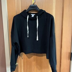 Stylish Black Cropped Hoodie with White Drawstrings